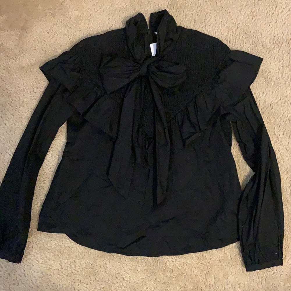 Zara Tie Smocked Black Blouse with Ruffle Size S BNWT